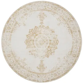 benuta Vintage-Teppich George waschbar ø 120 cm rund , Creme, Gelb , Kunststoff , Vintage , Rund , 120x120 cm , Oeko-Tex® Standard 100 , in verschiedenen Größen erhältlich, rutschfeste Unterfläche, waschbar , Teppiche und Böden, Teppiche, Vintageteppiche