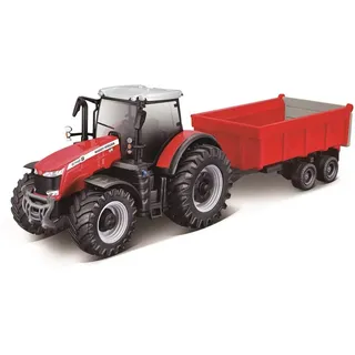 Bburago Massey Ferguson 8740S Traktor mit Anhänger, 10 cm, Rot