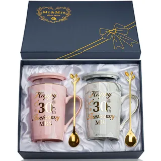 Perlenhochzeit Geschenke zur Perlenhochzeit 2PCS Mr Mrs Keramik Marmor Tassen Set 14Oz, 30 Hochzeitstag Geschenk Perlenhochzeit Geschenk für Eltern, mit Löffel, Geschenkbox, Marmor Ceramic Mugs