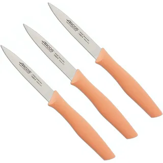 Arcos | Set 3 Schälmesser | Messer Schälmesser | Kartoffelschälermesser | Edelstahl NITRUM | Klinge 100 mm | Ökologische Verpackung | Farbe Korallen, Korallenrot