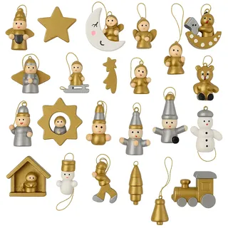 Set 20 Weihnachtsbaum Hängende Dekoration Handbemalt Gold Holz Feine Details