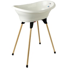 THERMOBABY - Babybadewanne-Set – Vasco – Badewanne, Fuß aus Holz & Ablaufschlauch – patentierte Innovation – faltbar & stabil – für eine Liege – hergestellt in Frankreich – Weiß Maiglöckchen