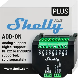 Shelly Plus Add-On, Smart Home Schnittstelle Plus Relais, Digitale Steuerung via WLAN & App, WiFi Hausautomation, 3,3V, Anwendbar für DS18B20- & DHT22-Sensoren