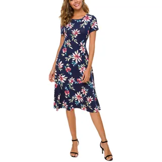 EXCHIC Damen Elegant Casual Rundhals A-Linie Kurzarm Midi Kleider Blumenmuster Rundhals Sommer Knielang Kleider(L, 11)