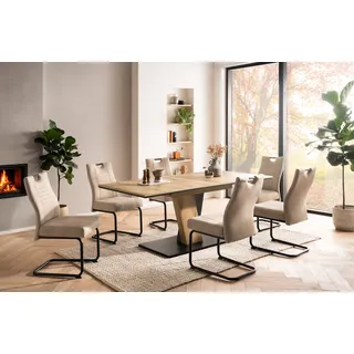 OTTO home "Altona", Esstisch ausziehbar plus 6 Stühle", eiche, beige, beige, schwarz, Microfaser, Synchron-Auszug, Sitzmöbel-Sets, Essgruppe, Säulentisch 140-180x90 cm, Stuhl mit Federkorb, 140 kg belastbar, Topseller