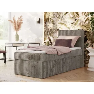 MKS Meble Boxspringbett 90x200 TILIANO, Einzelbett mit Multipocket-Matratze, Stauraumbett, gepolstert Kopfteil - Topper T25 - H4 - Hellbraun Cord - Rechts Seite - Hellbraun