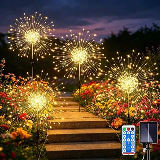 Joycome Solarleuchten für Außen 4x120 LED Feuerwerk Solarlampen mit Fernbedienung, 8 Modi Gartenleuchten Solar Wetterfest Pusteblume Gartenstecker, Gartenbeleuchtung für Balkon Blumenkästen Terrassen