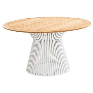 Gartentisch , Weiß, Teakfarben , Holz , Teakholz , massiv , rund , Säule , 140x76x140 cm , Holzmöbel, Holztische, Gartentische Holz
