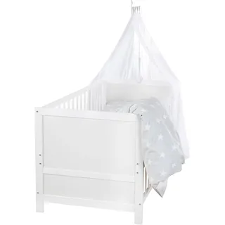 roba Kinderbettset „Sterne grau“ – mitwachsendes Babybett mit Matratze, Bettwäsche & Himmel