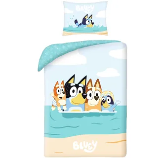 Bettwäsche Bluey am Strand, Bettbezug 140 x 200 cm für Kinder, mit Kissenbezug, mit Bluey, Bingo, Bandit (Der Papa) und Chilli (die Mama)
