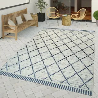 TT Home Flachgewebter In- & Outdoor Teppich Geometrisch Abstraktes Rauten Muster Weiß Größe 200x290 cm - Weiß