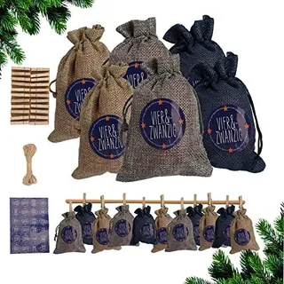 VINGO 24 Adventskalender zum Befuellen Stoffbeutel Weihnachten Geschenksaeckchen mit Aufkleber Mini-Holzklammern Hanfseile Weihnachtskalender tueten Geschenkbeutel 14 x 10 cm£Grau/Beige/Blau£© - Grau