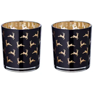 EDZARD 2er-Set Teelichtglas Luna (Höhe 8 cm), schwarz, Hirsch-Motiv