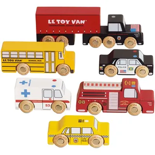 Le Toy Van – Kultiges Autos & Baustelle-Spielset mit Autos im New York-Design – 7-teiliges Set | Für Mädchen & Jungen Fahrzeug-Rollenspiel – Geeignet für Kinder ab 3 Jahren