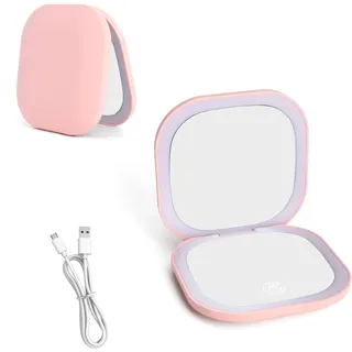TNSLAND Taschenspiegel mit LED, Magnetschalter Doppelseitiger Klappbar 5X Vergrößerung Make Up Handspiegel, USB Wiederaufladbarer Schminkspiegel Kleiner mit 3 Farben Led für Handtasche Reise Hause