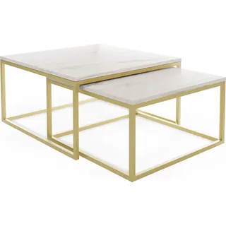 Rechteckige Quadratische Satztische Couchtische mit Gold Gestell - Loft Style Couchtische Metallbeine - 2 in 1 - Zwei Industrielle Getrennte Tische für Wohnzimmer - Marmor Weiß - Weiß