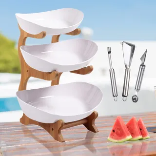 AmkWood 3-stöckige Plastik-Obstschale mit Bambusholzständer für Küchentheke, Porzellan-Obstkorb für Gemüseaufbewahrung, Snack-Dessert-Kuchen-Tablett-Tellerregal für Party-Hochzeit