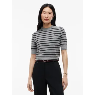 Kurzarmpullover TOMMY HILFIGER "CO JERSEY FINE GG C-NK SS SWT", Damen, Gr. L (42/44), grau (medium grau heather stripe), Feinstrick, Obermaterial: 67% Baumwolle, 33% Nylon, gestreift, meliert, regular fit normal, Rundhals, eingesetzt gerader Abschluss, Pullover Kurzarmpullover, Baumwollmischung, Regular Fit