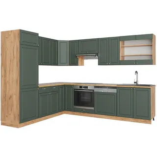 Vicco Eckküche Fame-Line Grün-Gold Landhaus/Goldkraft Eiche 227 x 60 cm ohne Ap , Holzwerkstoff , L-Form,Formgebogen , 287x81.6x46 cm , Küchen, Küchenzeilen & Küchenblöcke, Eckküchen, Eckküchen ohne Geräte