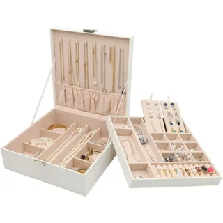 ProCase Schmuckschatulle Damen Leder, Schmuckkästchen mit 2 Ebenen Schmuckkasten Schmuckkoffer Schmuckaufbewahrung Schmuckbox Jewelry Box für Ringe, Ohrringe, Halsketten, Armbänder -Weiß