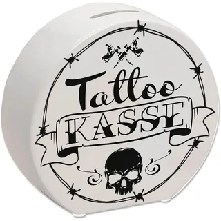 Spardose aus Keramik mit coolen Tattoo-Motiven in weiß - Tattookasse als Geschenk für Punks und Verrückte Freunde die Sich gerne tätowieren Lassen Aber Nicht Immer das nötige Geld