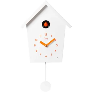 Cuco Clock Kuckucksuhr modern mit Pendel 28,3 x 22,8 x 10,4cm Weiß/Orange | Moderne Kuckucksuhr mit Pendel, präzises Quarzuhrwerk, Lichtsensor für Nachtruhe, fröhliches Vogelgezwitscher