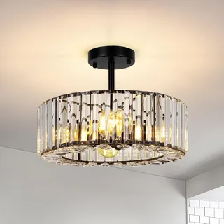 FRIDEKO HOME Modern Kristall Deckenleuchte Schwarz,4 Flammige Groß Rund Kronleuchter Kristall Lampenschirm Metall Deckenlampe E27 für Schlafzimmer Wohnzimmer Esszimmer Küche Flur,Ø37cm