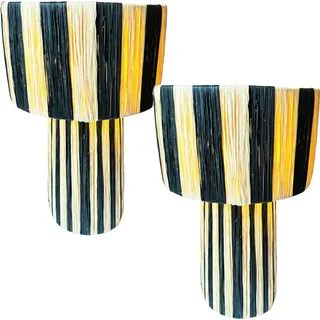 Marrakesch 2er Set Tischlampe Nachttischlampe 42cm groß aus Raffia bast | Boho Lampe Stehlampe als Wohnzimmer Schlafzimmer oder Kinderzimmer Deko | Tischleuchte Morjana Beige Schwarz E27 Fassung - Beige, Schwarz