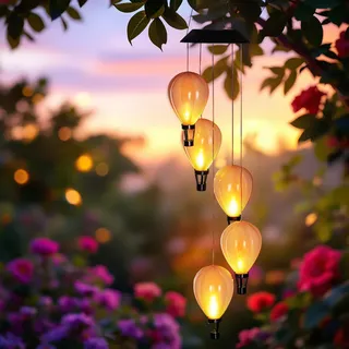 1.01 LED Solar Windspiel mit 5 Ballons - ca. 82 x 12,5 cm - Garten Deko mit 50 Flammen LEDs