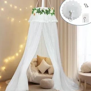 Kinderbett mit Baldachin und Stangen für Mädchenzimmer - einschließlich Moskitonetze - Weiß