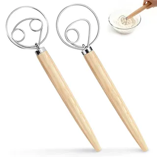 QiMan Dänischer Schneebesen, 2 Stücke Teigbesen Edelstahl Doppellöchern, 33 cm mit langem Holzgriffals Brotbackzubehör, Schnelle Mischung in Teig,Sauerteig, Ideal zum Kochen