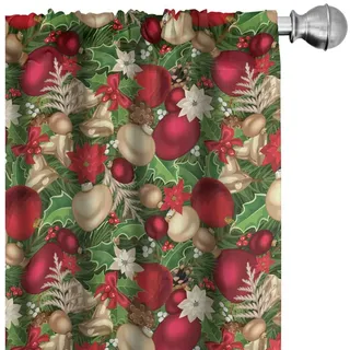ABAKUHAUS Weihnachten Vorhänge, Gardinen, Baum-Zweig Glocken, Fensterbehandlungen für Wohnzimmer Schlafzimmer Dekor, 2 Stück 75 cm b x 225 cm h,Rot Grün