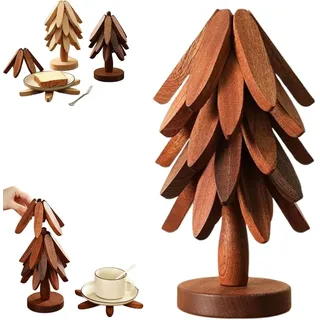 Topfuntersetzer Hitzebeständig,Untersetzer in Baumform,5 Stück Topfuntersetzer Holz& 1 Weihnachtsbaum Aufbewahrt,Faltbare hitzebeständige Pads für Küchenpfannen,Töpfe,Teekanne,Besteck,Tassen Walnut
