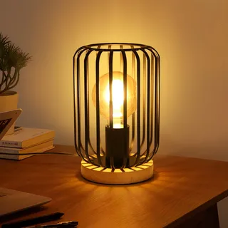 Pheashine Retro Tischlampe Vintage Industrial Tischleucht Schwarz Metall aus Holz Sockel, Nachttischlampe E27 Fassung mit Schalter für Wohnzimmer Schlafzimmer- 60W Max. - Ohne Leuchtmittel