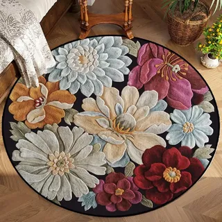 Sedefen Kurzflor Teppich Rund 80 cm Bunt Blumen Muster Terrassen Teppich Dekorative Wohnzimmer Schlafzimmer Vintage Teppich Läufer Indische Boho,Anti-Rutsch Unterseite,Felloptik