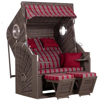 Strandkorb , Grau, Rot , Holz, Textil , Pinie , Karo , 130x160x80 cm , Gartenmöbel, Gartenschaukeln, Strandkörbe