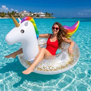 HYZYWON Einhorn Schwimmring Erwachsene, Schwimmreifen Einhorn aufblasbare mit Glitzer, Schwimmtier Groß, aufblasbarer Pool Ring, Schwimmring Wasserspielzeug für Pool Party Sommer Strand