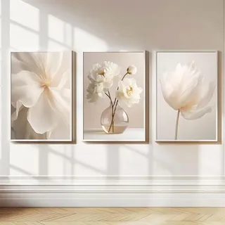 AQCQDQ Beige Pfingstrosen Leinwandbilder Set 3er – Nordische Wanddeko Ohne Rahmen, Moderne Blumen Poster Botanical Ästhetik für Wohnzimmer, Schlafzimmer, Büro, Flur (50×70 cm)