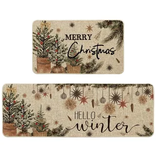 Artoid Mode Bäume Blumentöpfe Kiefernzapfen Weihnachten Küchenteppich 2er Set, Winter Xmas Küchenmatten Für Innen Außen Dekor - 43x73 and 43x118 cm