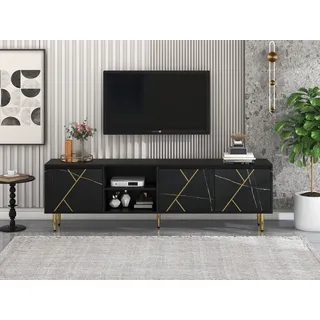 okwish Großer 200 x 35 x 60 cm großer TV-Schrank, Hochglanz-TV-Tisch, niedriges Sideboard für 90-Zoll-Fernseher mit 3 Türen - Schwarz