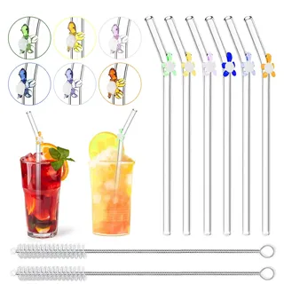 6 Pcs Strohhalme Trinkhalme Glas Wiederverwendbar Gebogen Glasstrohhalme | Klar Mit Bunte Schildkröten;Für Bubble Tea Cocktail Smoothie;Inkl. Reinigungsbürsten;Einfach Reinigen; Vielseitig Nutzbar