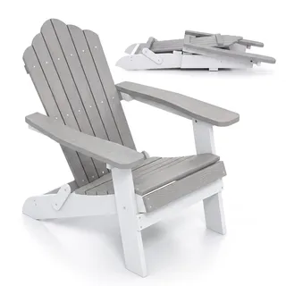 FANTASK Adirondack Stuhl, Adirondack Chair mit hoher Rückenlehne & Breiten Armlehnen, Wetterfester Balkonstuhl aus Kunststoff, Terrassenstuhl bis 180 kg für Garten, Terrasse (Grau + Weiß)