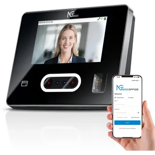 NGTeco Stechuhr Cloud-basiert mit Touchscreen, 4-in-1 Zeiterfassung für Kleinunternehmen, Gesicht/Fingerabdruck/Karte/PIN, 2,4&5 GHz WLAN, Software & App, 10 Chipkarten