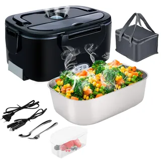 Elektrische Lunchbox 4 in 1 12V/24V/220V~240V, 1.5L 60W Lunch Box Elektrisch Edelstahl Speisenwärmer für Auto, LKW, Büro & Zuhause, Thermo Lebensmittelbehälter mit Gabel, Löffel & Isoliertasche