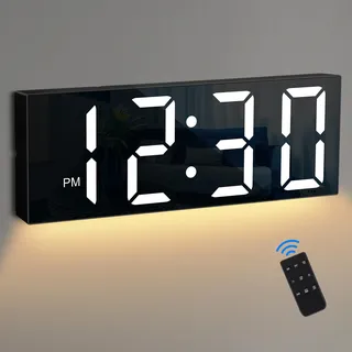 Sukeen Nachtlicht-Wanduhr, Digitaluhr, 30 cm, große digitale Wanduhr mit Fernbedienung, großem Display, 8 Farben, verstellbarer Dimmer, schwarze Uhr für Schlafzimmer, Wohnzimmer, Schule, Büro, Garage