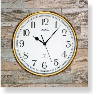 AMS 5567 Wanduhr Funk Funkwanduhr analog eckig Holz-Gehäuse mit Stein-Auflage - Braun, Gold, Weiß, Schwarz