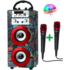 DYNASONIC - (3. Gen Tragbarer Bluetooth-Lautsprecher mit Karaoke-Modus und Mikrofon, FM-Radio und USB-SD-Lesegerät (Modell 15)