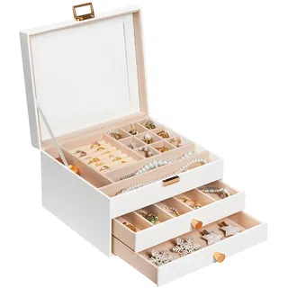 HOOBRO 3-stöckiger Schmuckkästen, Schmuckbox, Schmuckaufbewahrung, Samtfutter und Klappdeckel, 2 Schubladen und transparentes Acrylfenster, für Halsketten, Armbänder, Ringe und Uhren, Weiß EWT26JB04