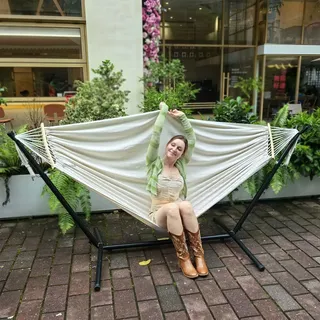 Hängematte Mit Gestell 220x150cm mit Stahlständer und Abnehmbarer Spreizstange Beige