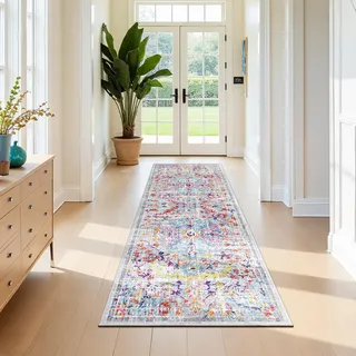 SHACOS Läufer Flur 80x250 cm rutschfest, Waschbar Teppichläufer Boho Bunt | Flurläufer Weich, Gummierte Rückseite, Vintage Flur Teppich für Küche, Vorzimmer, Wohnzimmer, Eingang